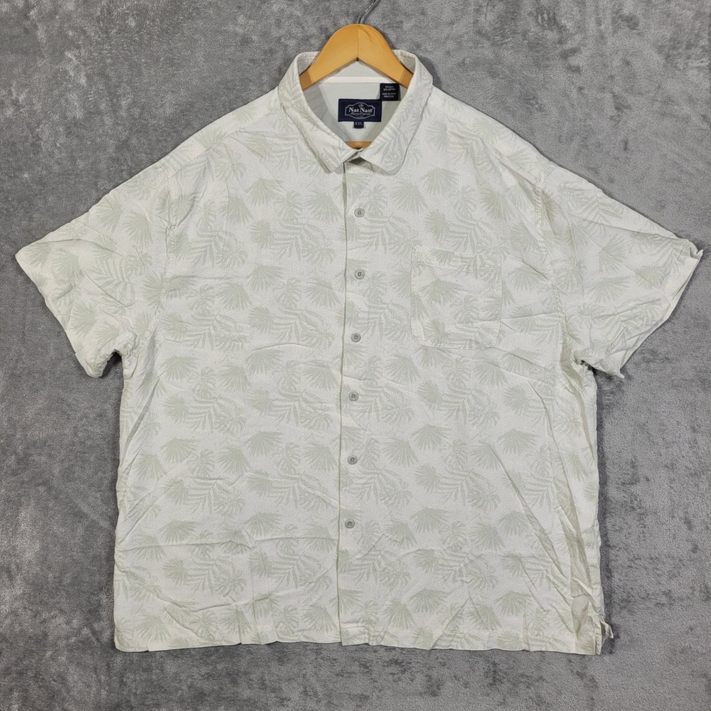 Nat Nast Shirt Mens XXL Silk Cotton White Green Hawaiian Aloha Palm Leaf Print